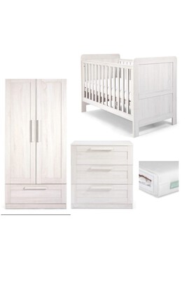 Atlas 4 Piece Cotbed with Dresser Changer, Wardrobe, and Premium Dual Core Mattress Set- White